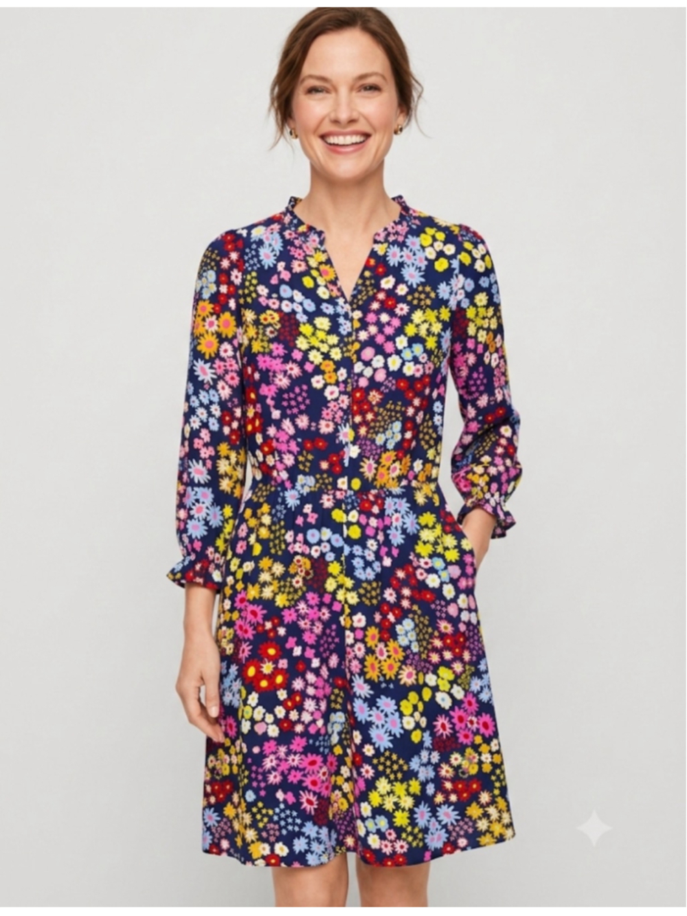 Talbots Long Sleeve Floral Dress in Navy Multi-color Size Small Petite